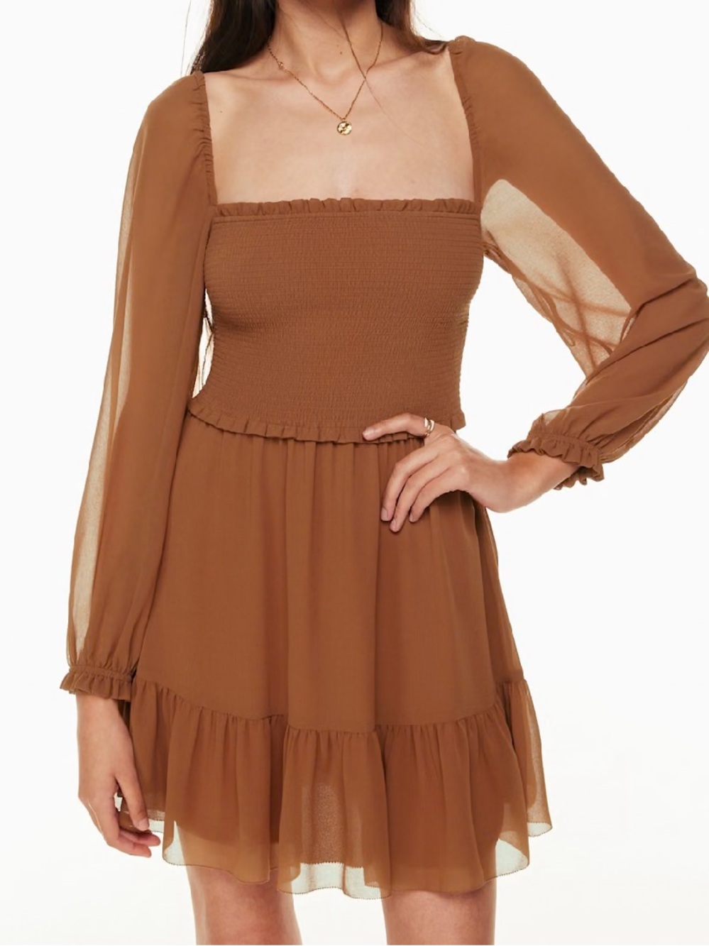 Aritzia Wilfred Anise Brown Smocked Babydoll Dress New Tempest Dress 6204